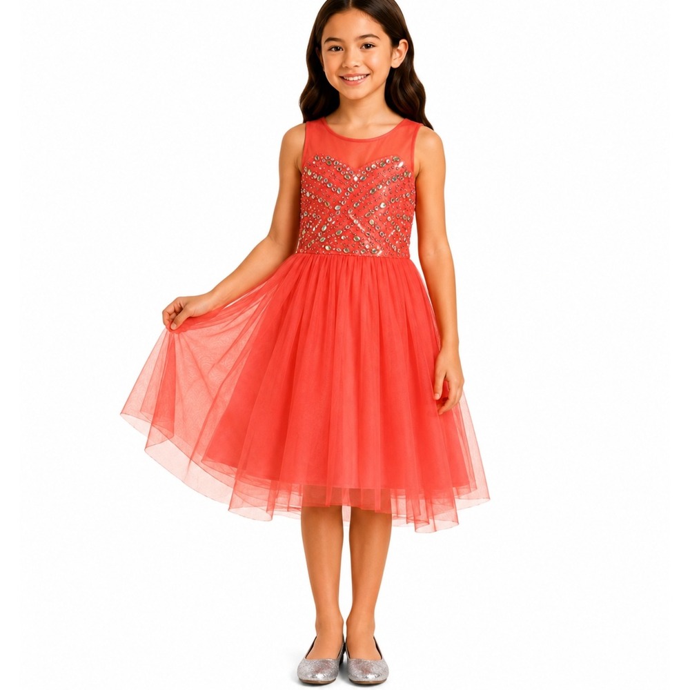 RIVIERA SEQUINS Bright Coral Party Dress‎ Girls Size 10 Sleeveless Tulle Formal